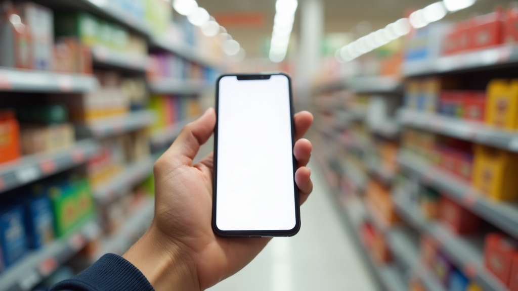 Shopper checking a generic rewards app on a smartphone while comparing household products in a store aisle