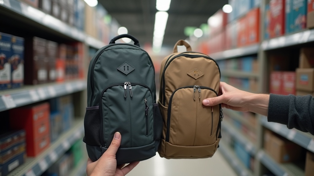 Shopper comparing two backpacks to find the best back-to-school deal timing