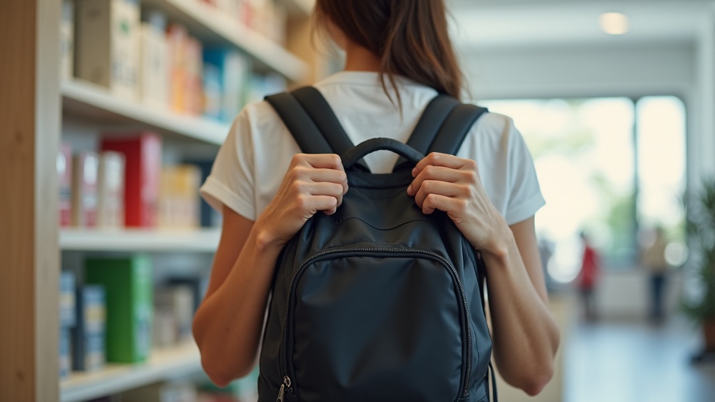 Close-up of backpack strap adjustment and padded back panel for daily carry comfort