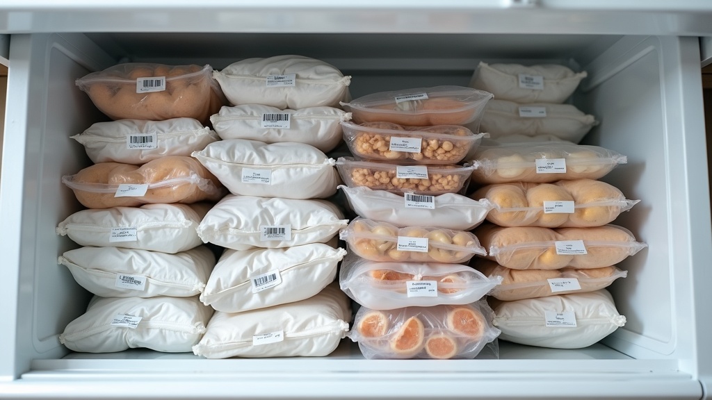 Organized freezer storage with labeled containers showing batch cooking freezing method for grocery savings