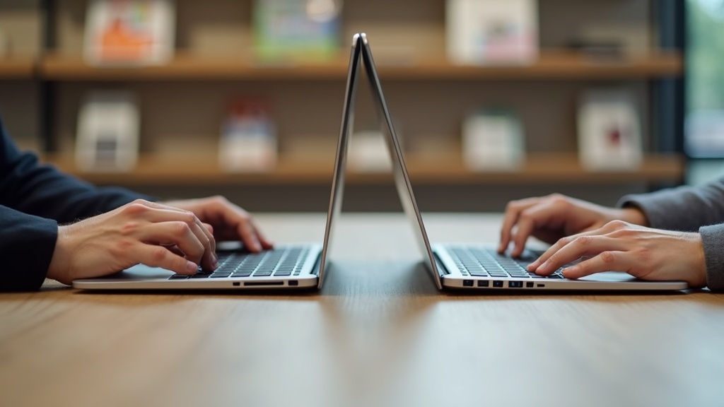 Person comparing two laptops side by side while shopping for a new laptop deal