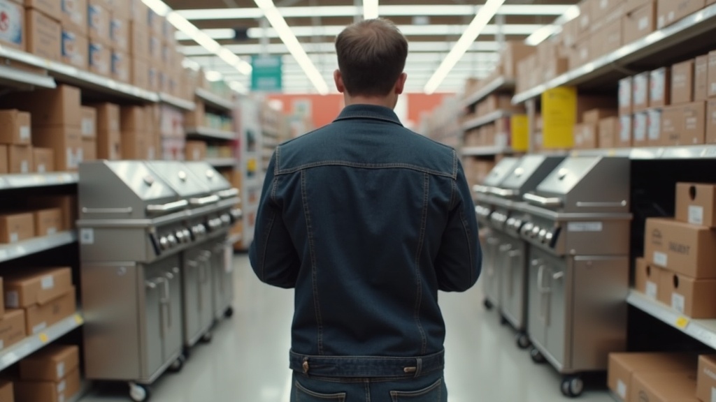 Shopper comparing two grills in a store aisle to find the best time to buy a grill