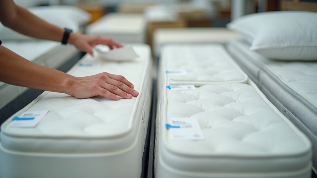 Shopper comparing mattress firmness options during a seasonal mattress sale