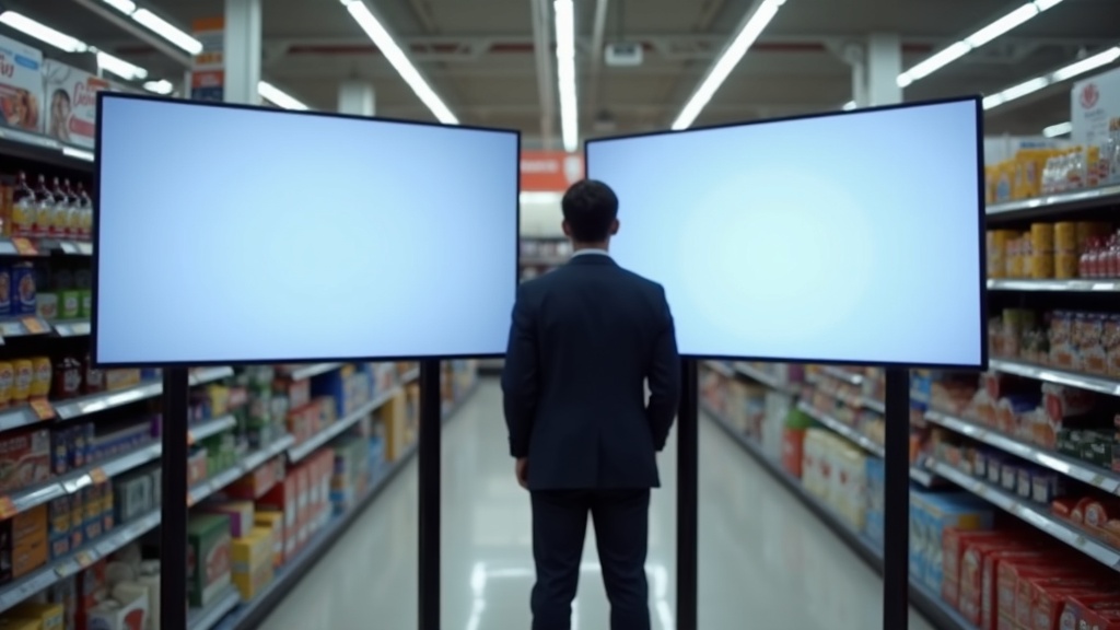 Shopper comparing two TVs in a store aisle during a seasonal sale