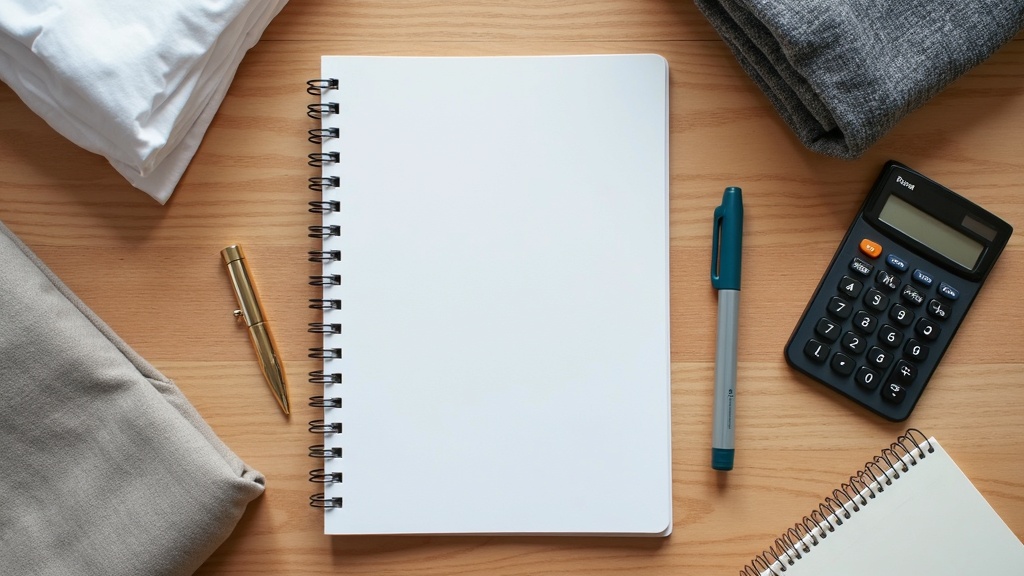 Budget notebook and calculator used to plan seasonal buying and off-season shopping savings