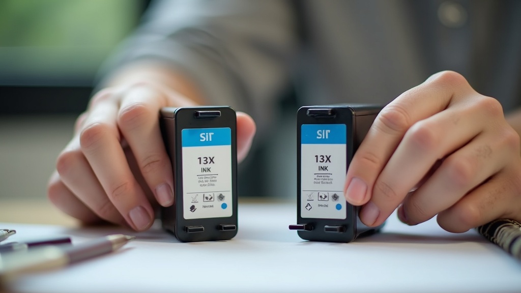 Person comparing ink cartridges when choosing a printer for home use