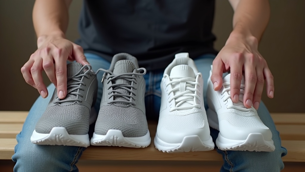 Close-up of hands comparing two pairs of running shoes for fit and sizing