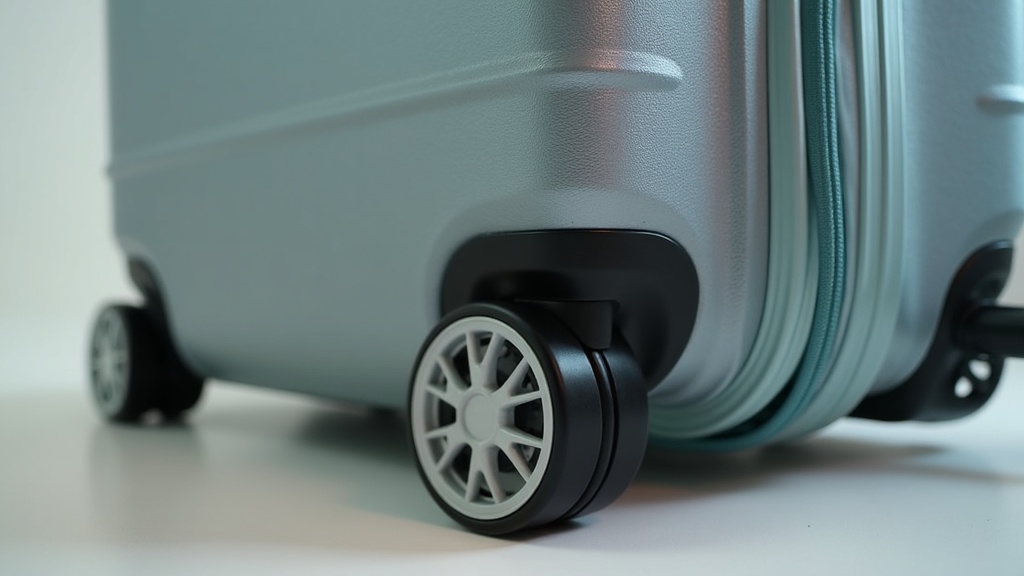 Close-up of suitcase wheels and zipper showing durable luggage construction details