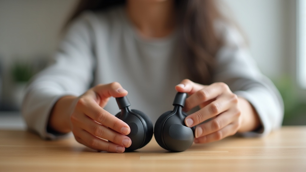 Hands comparing headphone earcups side by side to check fit and padding before buying