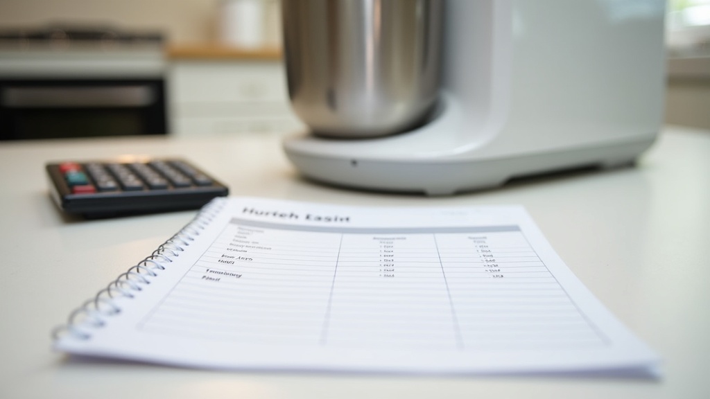 Household notebook and calculator used to compare appliance warranty terms and coverage
