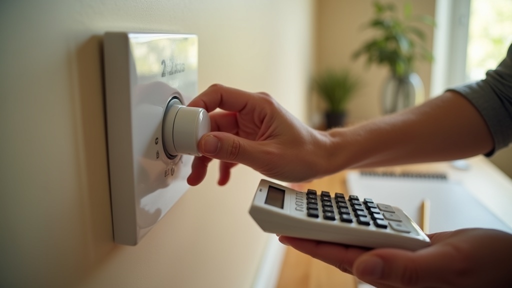 Person adjusting a thermostat while tracking household energy bill savings in a notebook