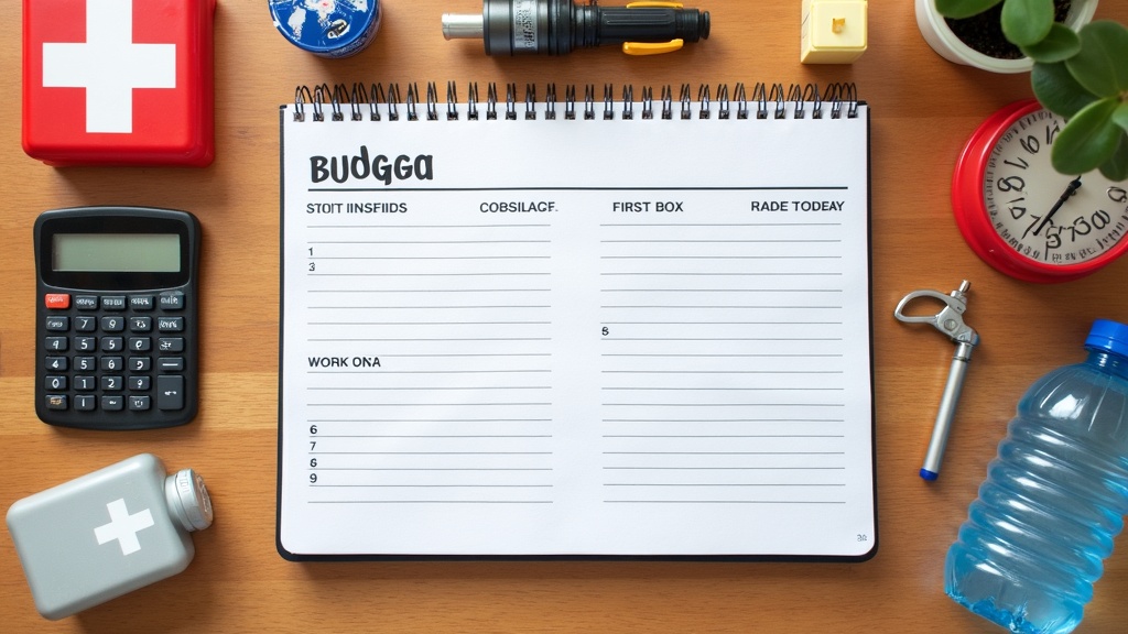 Budget notebook and calculator next to basic emergency supply items for household planning