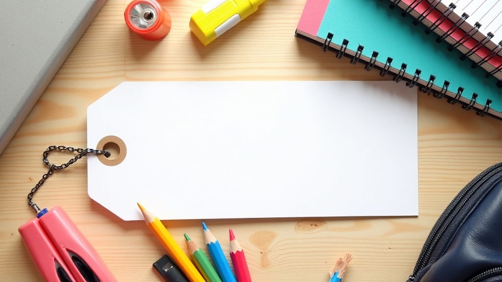 Back-to-school deals timing shown through a flat-lay of school supplies and a blank price tag