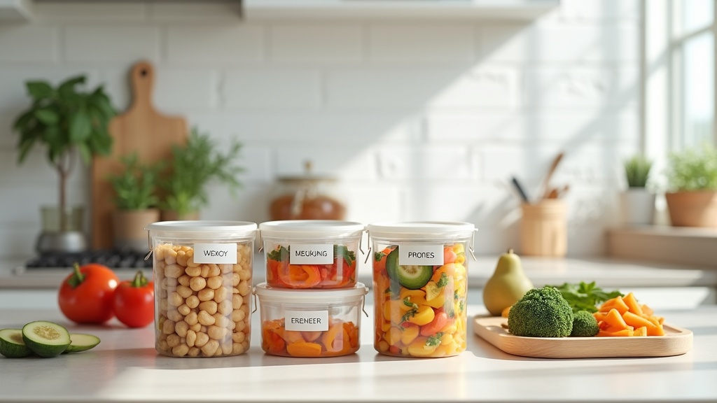Batch cooking and freezing meal prep containers arranged on a kitchen counter to cut weekly grocery costs
