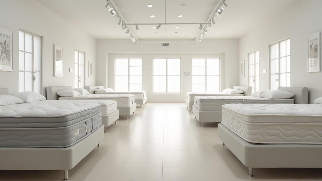 Best time of year to buy a mattress shown through a showroom aisle of neatly displayed mattresses