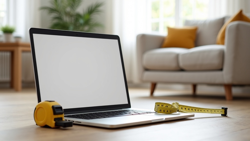 Person checking measurements before buying furniture online in a bright living room
