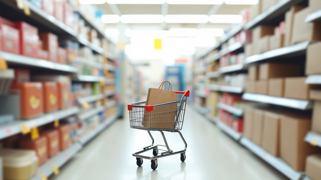 Shopping cart in a store aisle illustrating buying in season for household savings