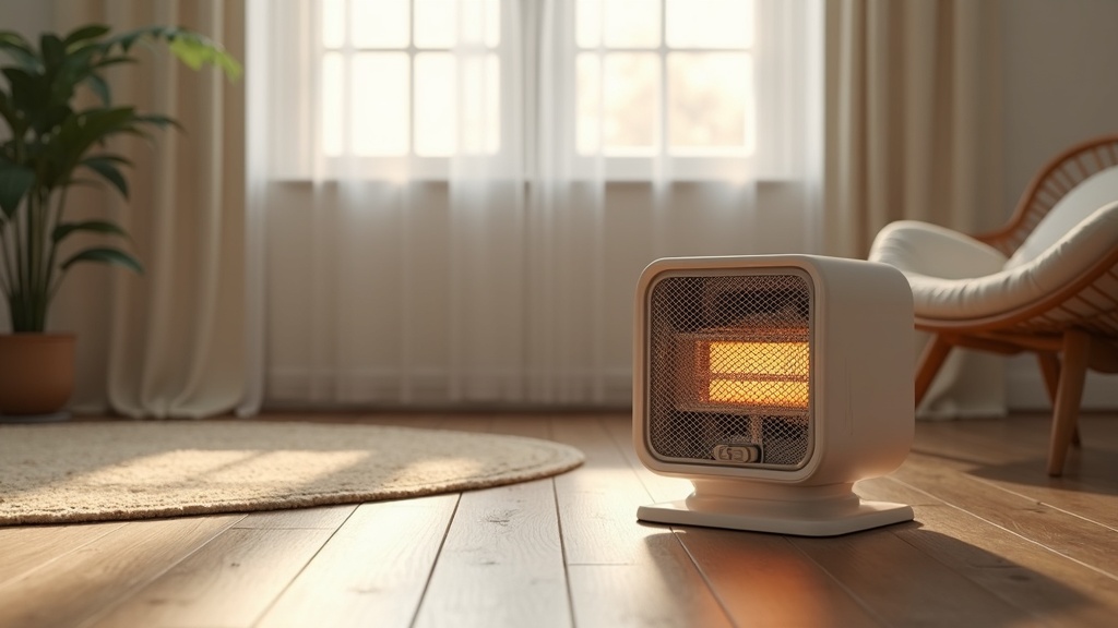 Portable space heater placed safely on a hard floor away from furniture in a living room