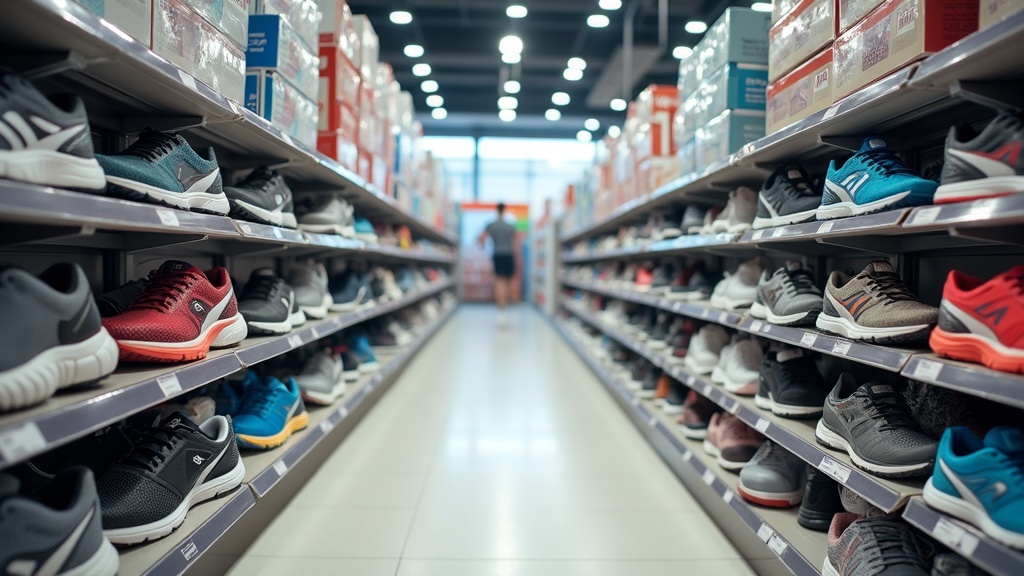 Person comparing walking or running shoes on a store shelf to check for proper fit