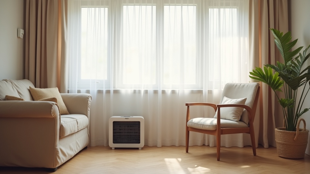 Living room showing simple ways to cut a home energy bill without renovation, including curtains and a space heater