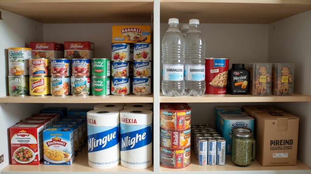 Emergency household supply list items organized on a pantry shelf including water, canned food, and batteries
