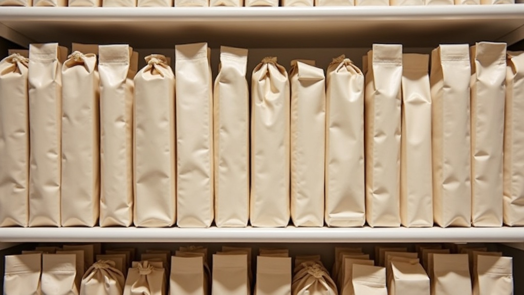 Two rows of generic and name-brand groceries arranged side by side on a pantry shelf