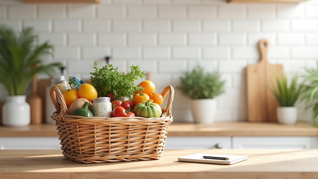 Grocery budget planning basket with pantry staples on a kitchen counter