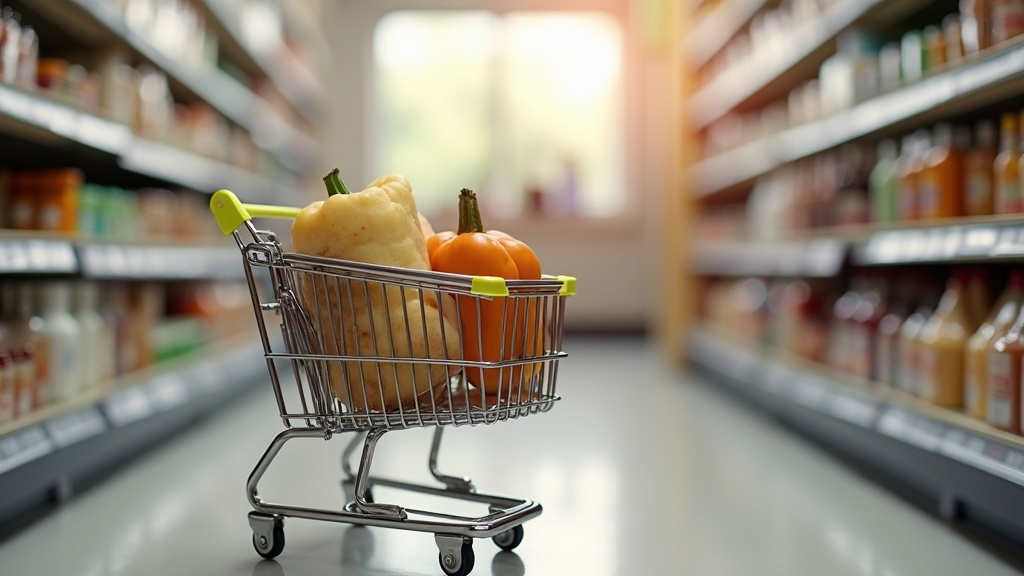 Small shopping cart with groceries illustrating how to grocery shop for one or two people without overspending
