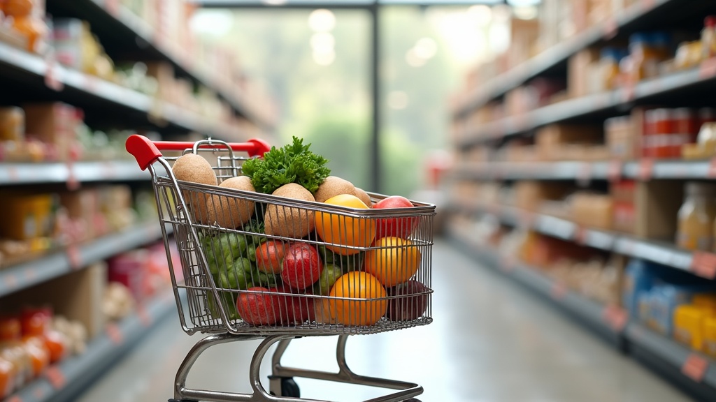 Shopper comparing grocery items in a cart while learning how to shop the grocery store to spend less