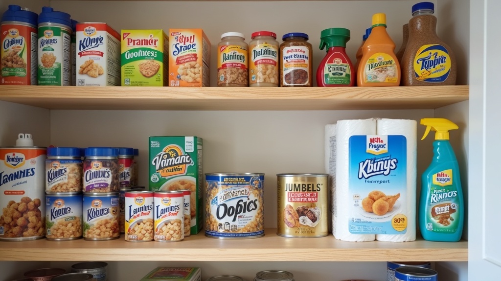 Organized pantry shelves showing household staples worth stockpiling