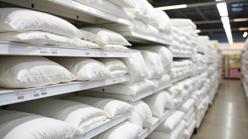 Bedding and mattress clearance display in a store aisle showing discounted linens and pillows