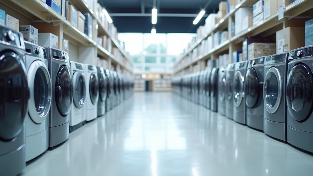 Floor-model appliances and open-box deals displayed neatly in a store aisle