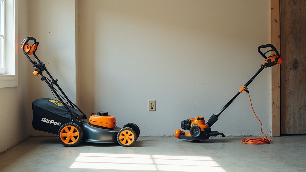 Push mower and string trimmer stored neatly, illustrating when outdoor power equipment goes on sale