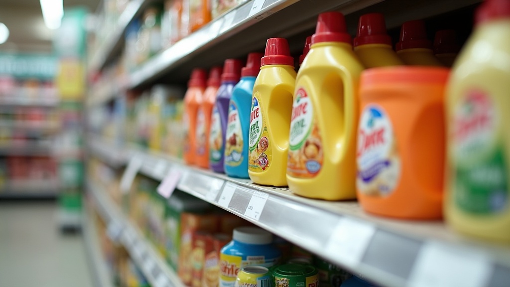 Shopper comparing unit prices on two differently sized packages on a store shelf