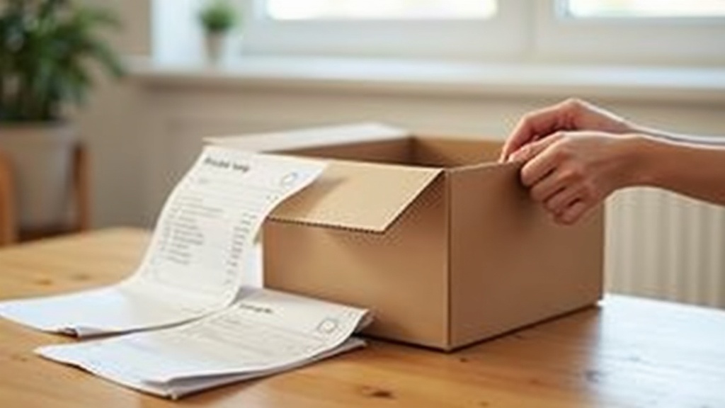 Person considering a return policy while repacking a product into its original box