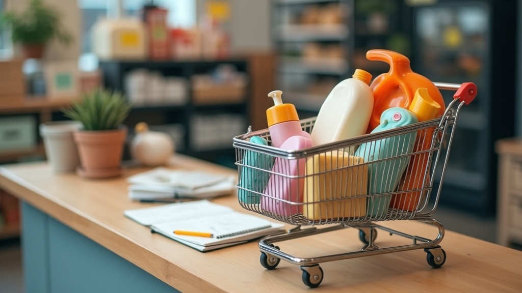 Shopping cart with household goods and stacked coupons illustrating stacking coupons and store sales