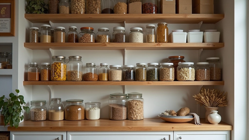 Organized pantry shelves showing proper storage of bulk purchases to prevent waste