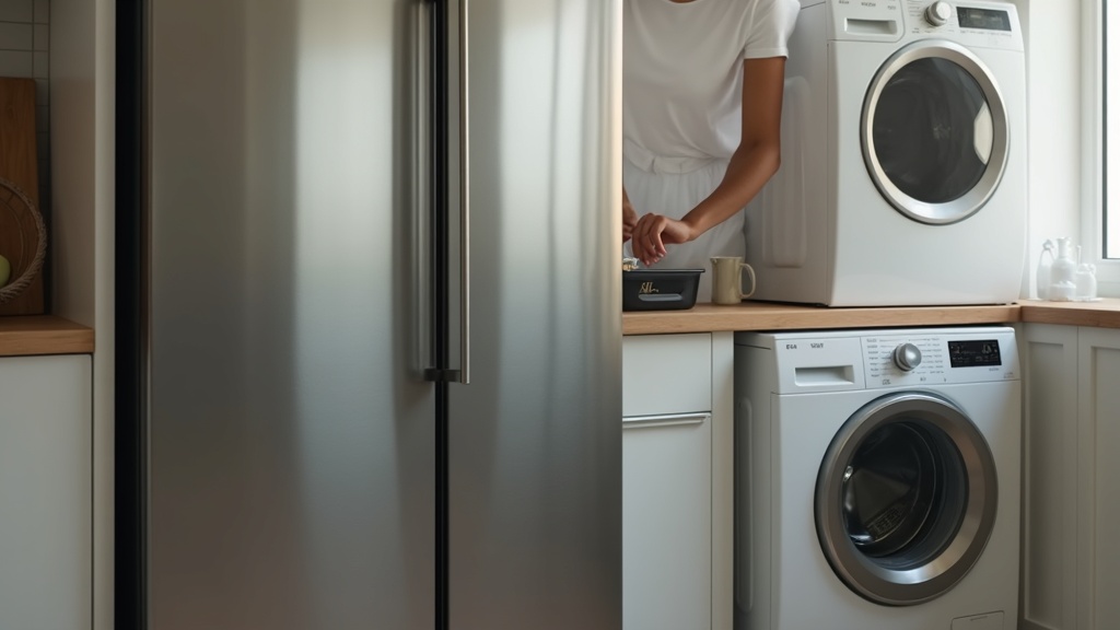 Person inspecting a used refrigerator before buying a refurbished appliance