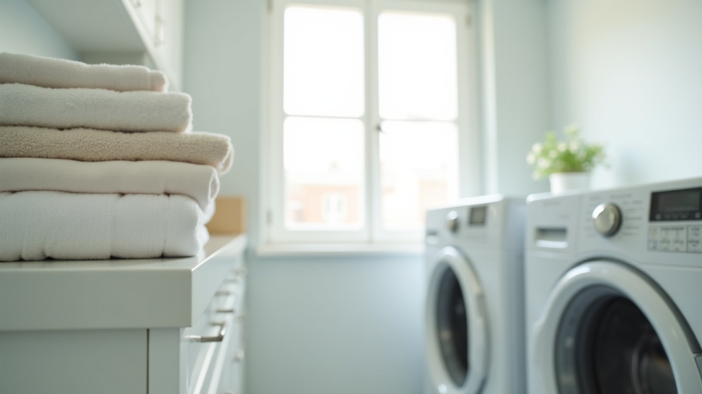 Person evaluating a washing machine in a bright laundry room while buying a washing machine