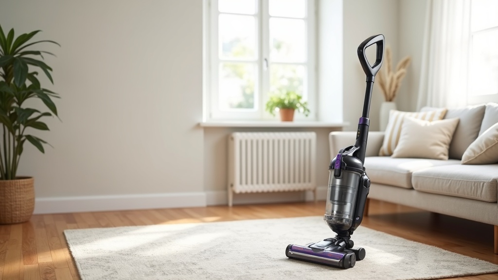 Vacuum cleaner buying guide showing an upright vacuum on a clean living room floor