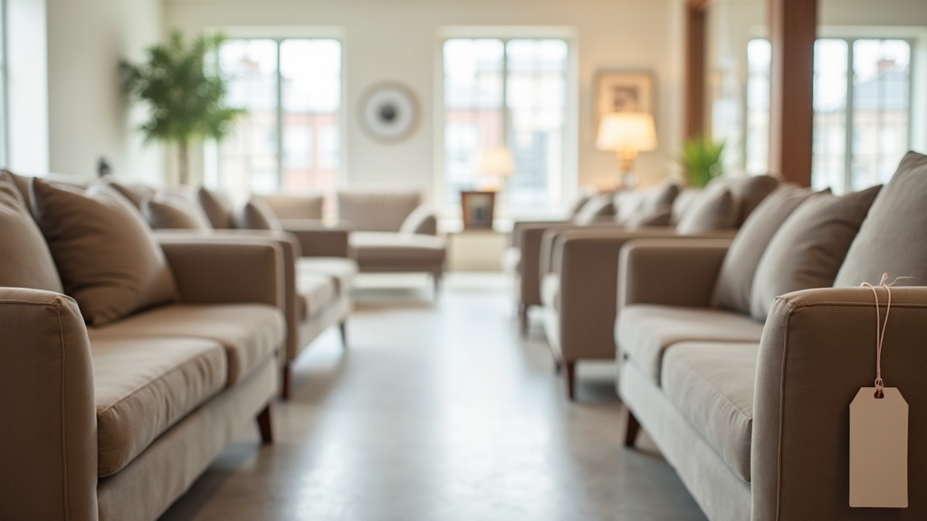 Furniture showroom aisle showing when furniture actually goes on sale with blank price tags
