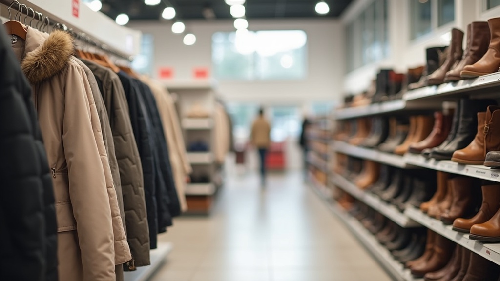 Winter coats and boots on clearance racks in a retail store aisle