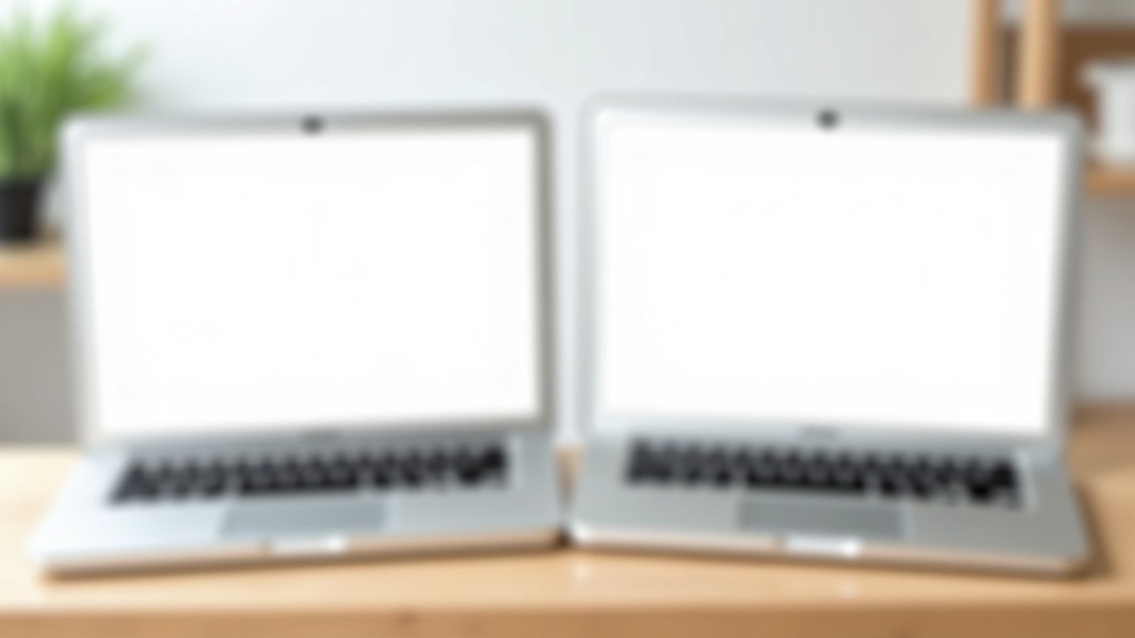 Two open laptops with blank screens side by side on a desk