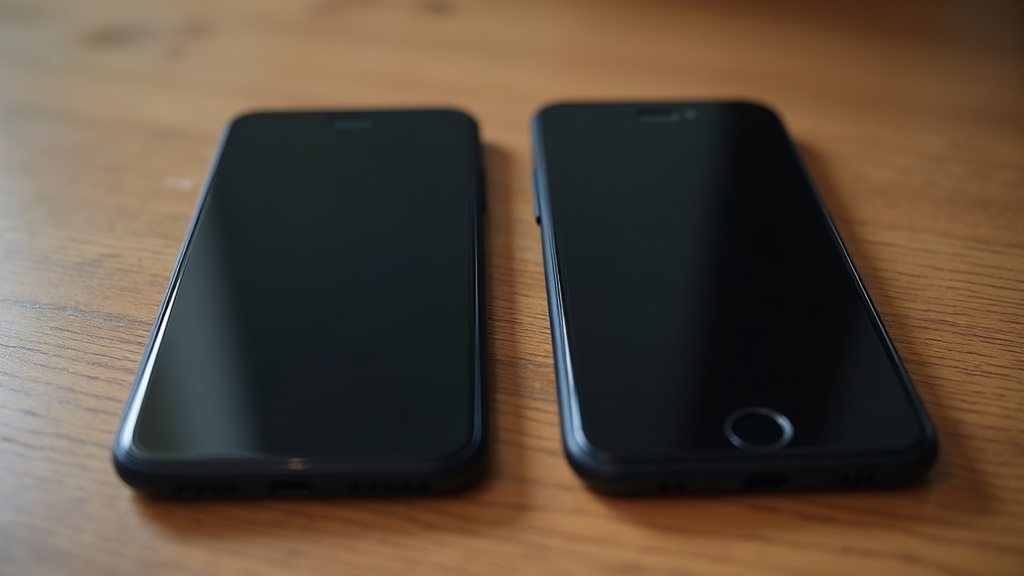 Two blank smartphones lying side by side on a wooden desk