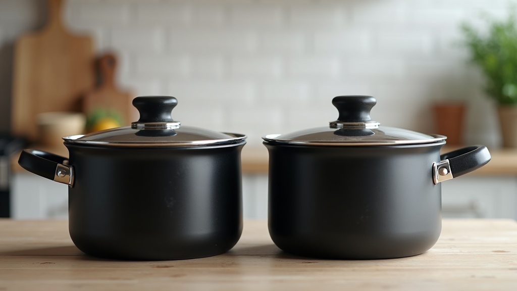 Two dark stainless steel pots with lids side by side on a kitchen counter