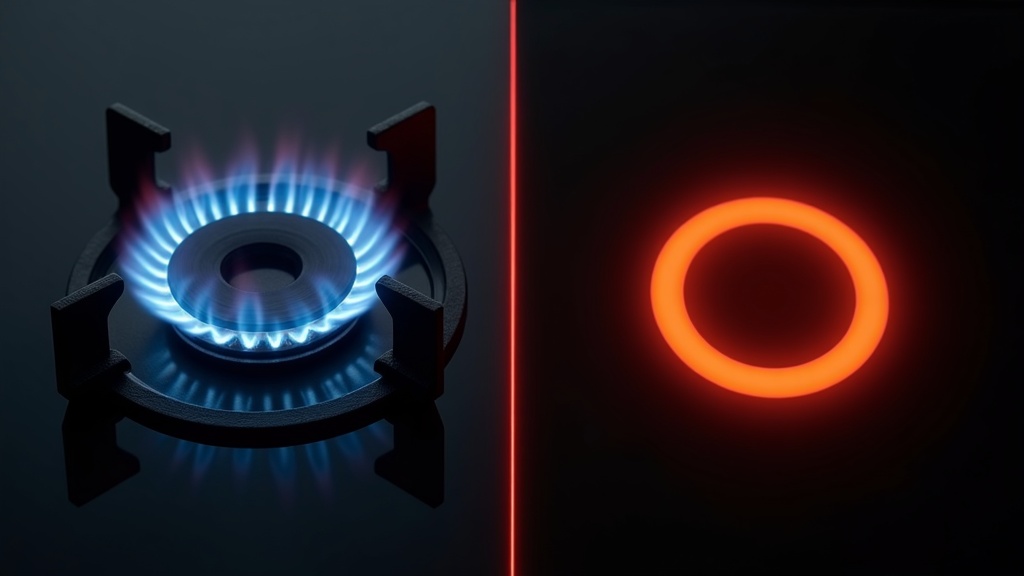 Split comparison of a gas burner flame next to a glowing electric cooktop coil element