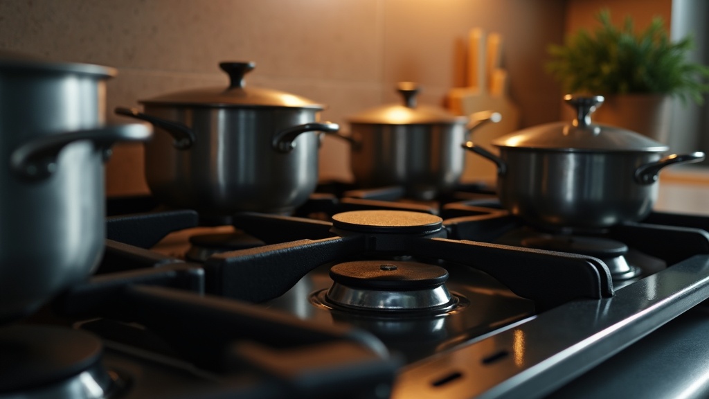 Gas stovetop with several stainless steel pots with lids on the burners