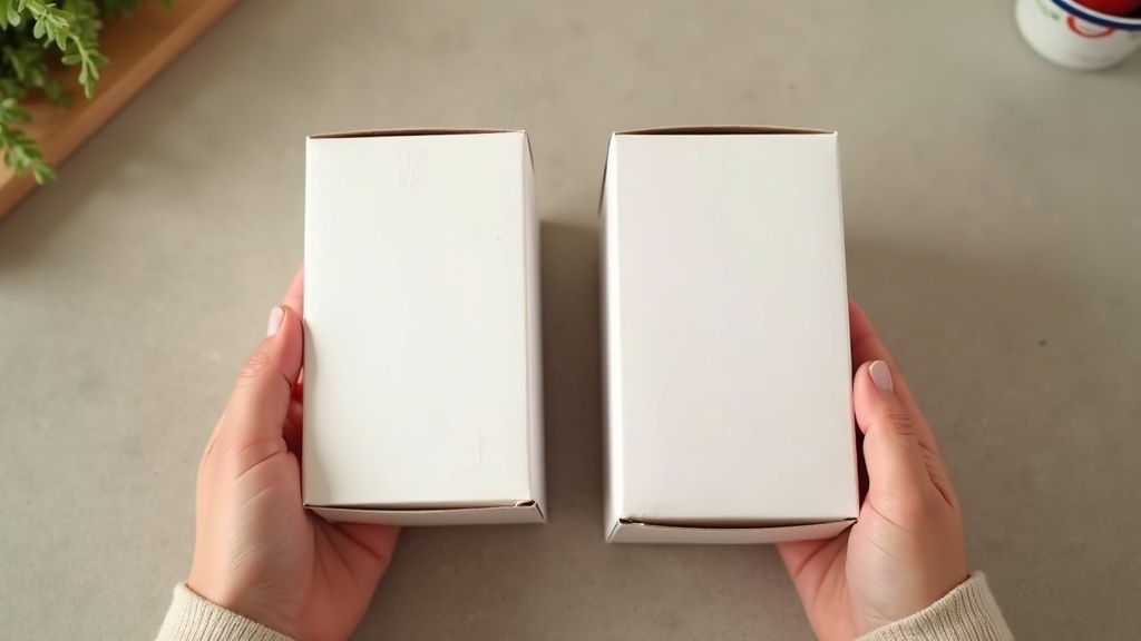Person comparing two similar unlabeled grocery products before buying
