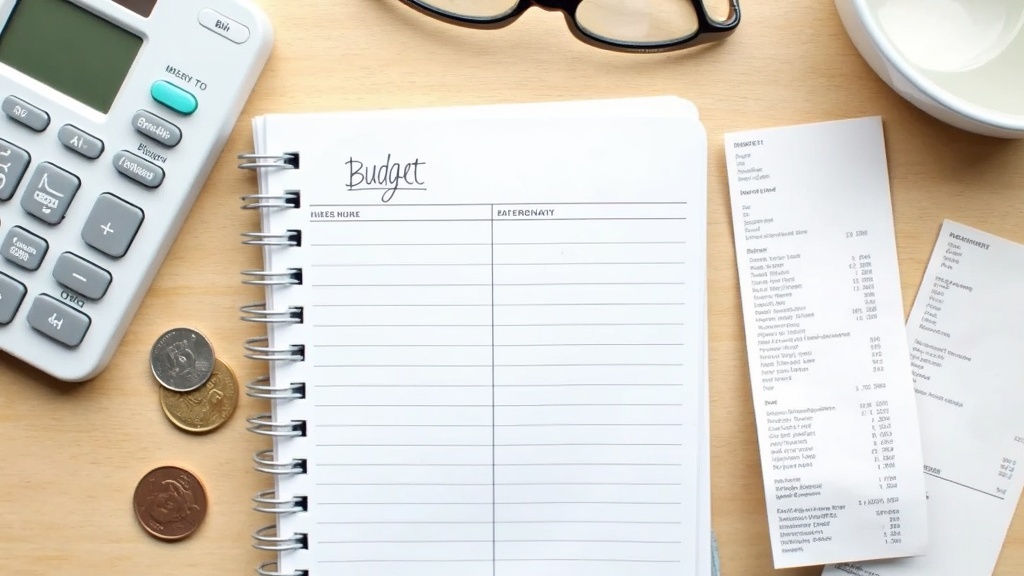 Budget notebook and calculator used for tracking grocery spending