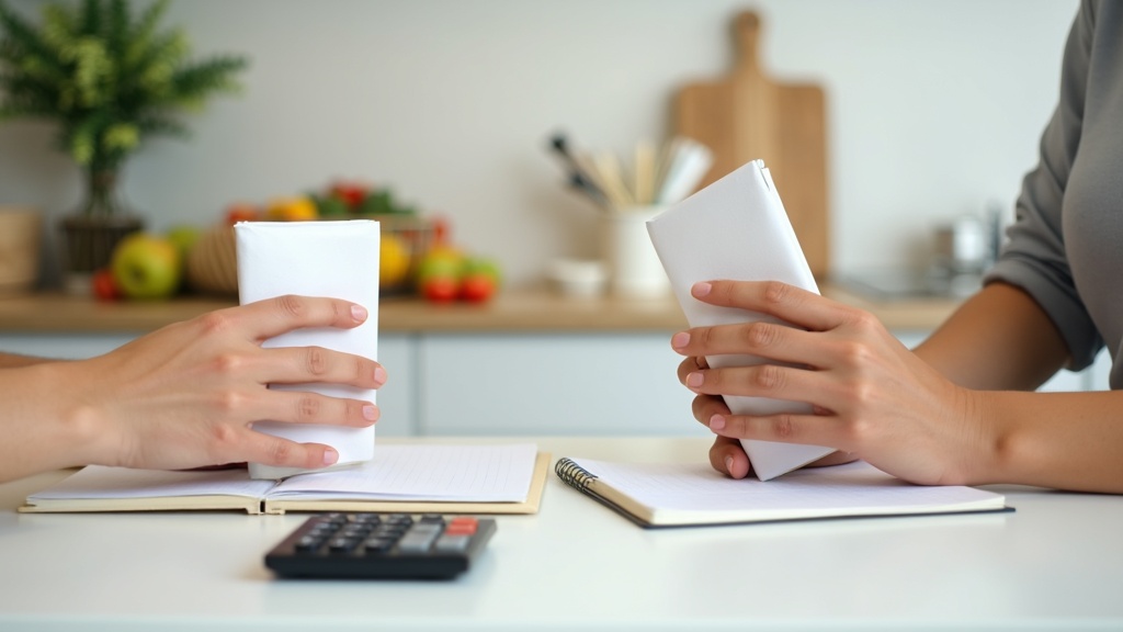 Person comparing two grocery package sizes at a kitchen counter while tracking a grocery budget